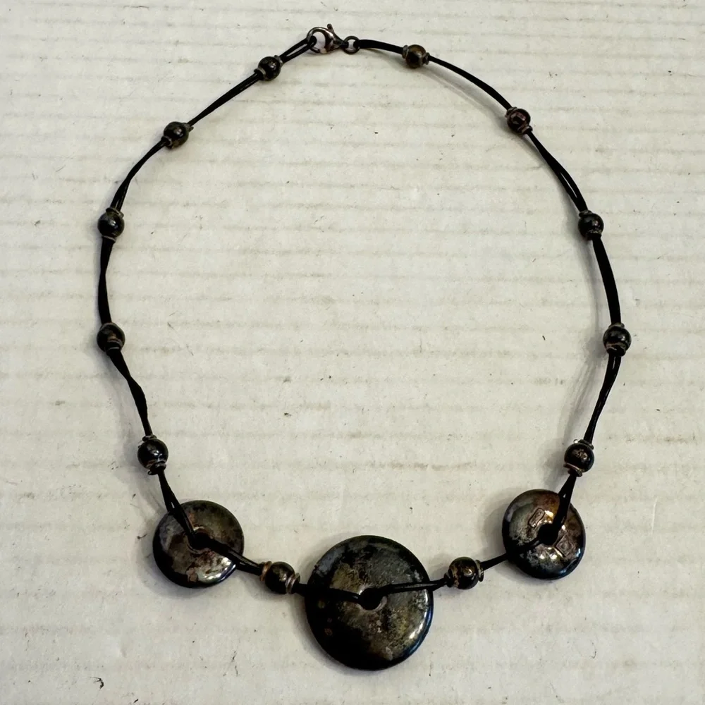 Sterling Silver Round Puffer Circle Discs Leather Cord Necklace Made in Italy - Picture 12 of 16